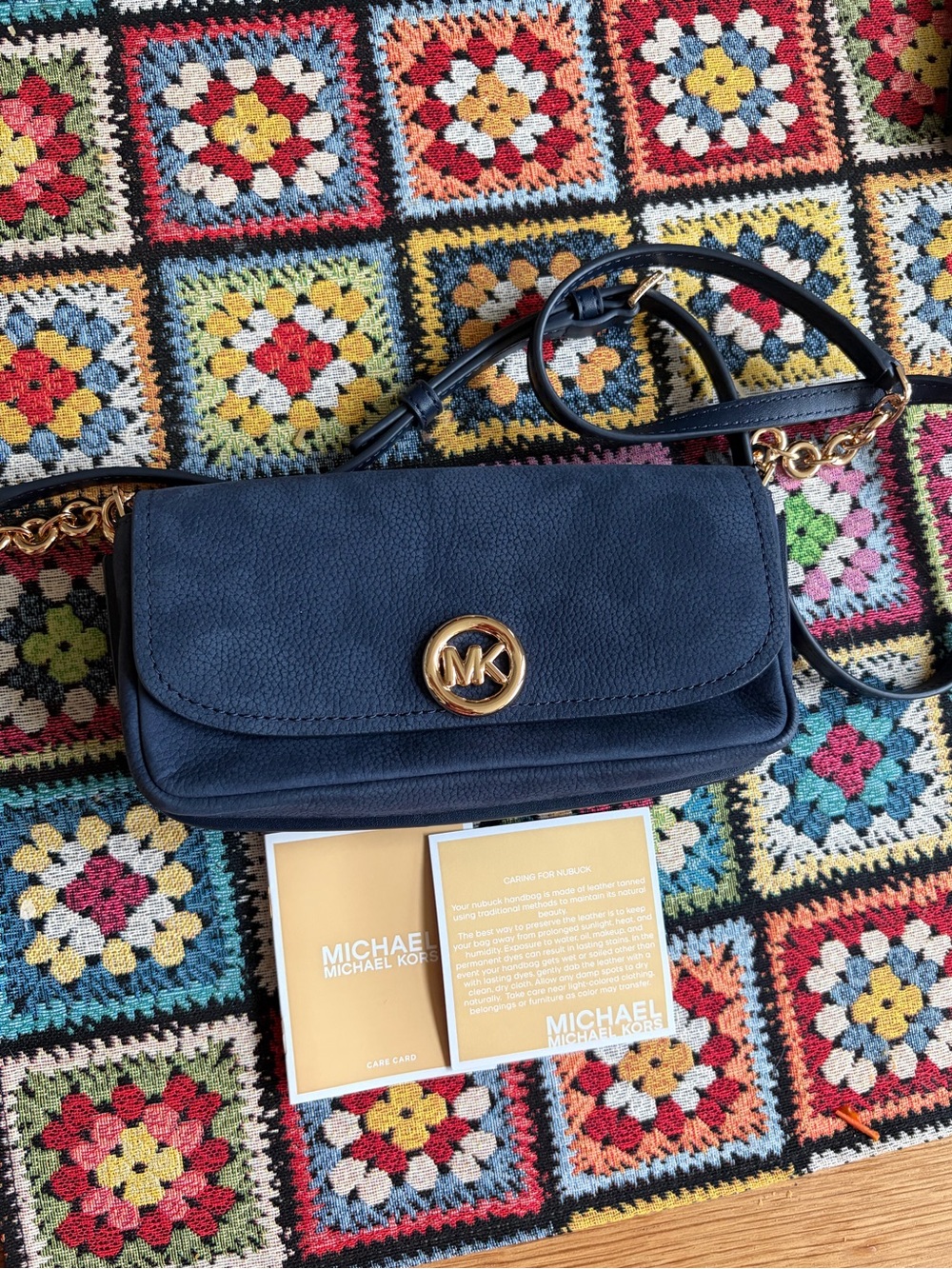 NWT Michael Kors Nolita Nubuck Crossbody in Navy with Gold Hardware.